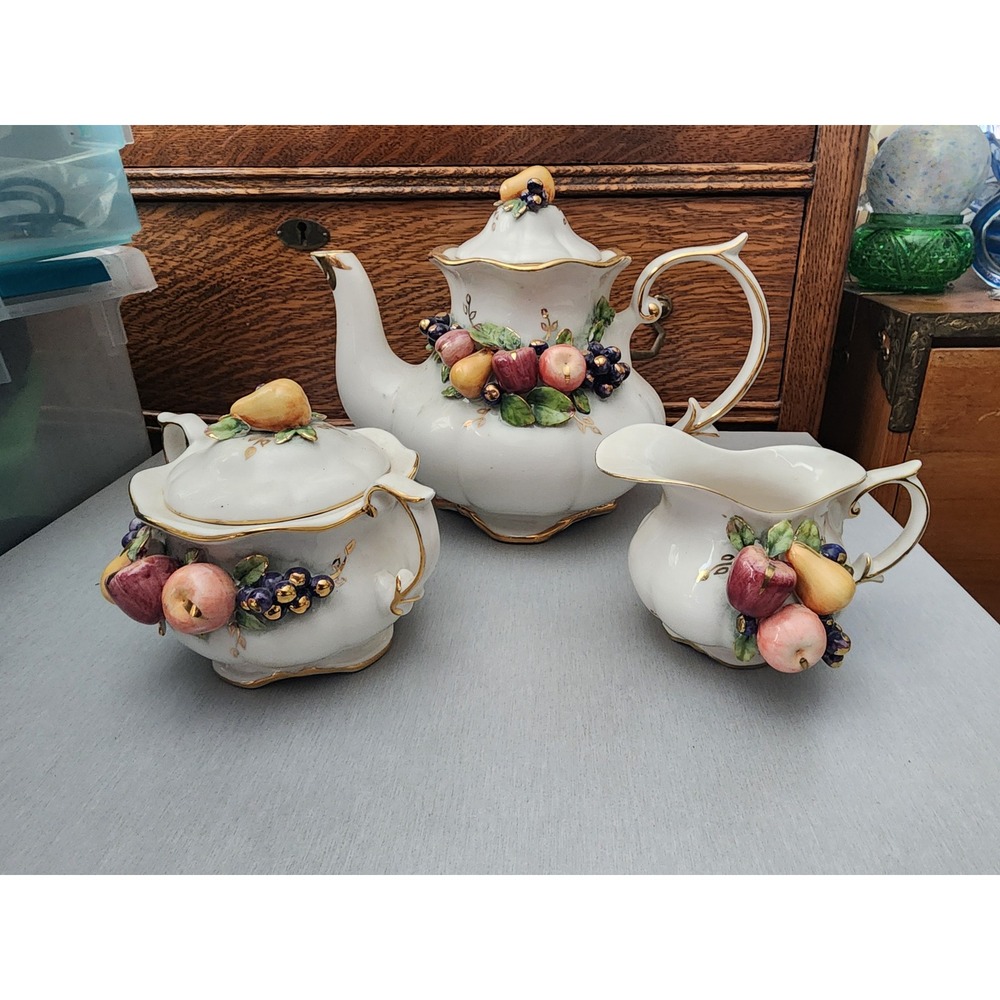 Vintage 3-Pc Fruit Tea Set Teapot Creamer Sugar Bowl 3D Raised Fruit Gold Trim